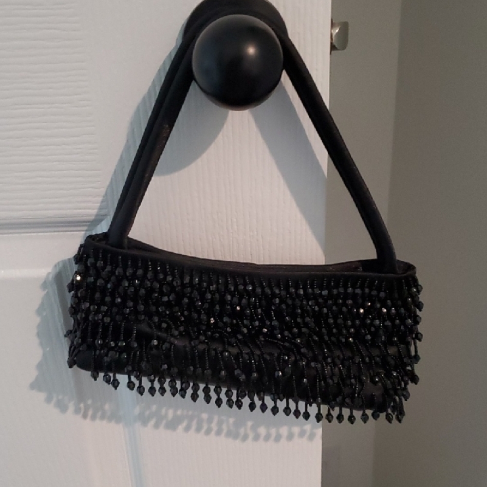 Black Beaded Evening Clutch with Top Handle